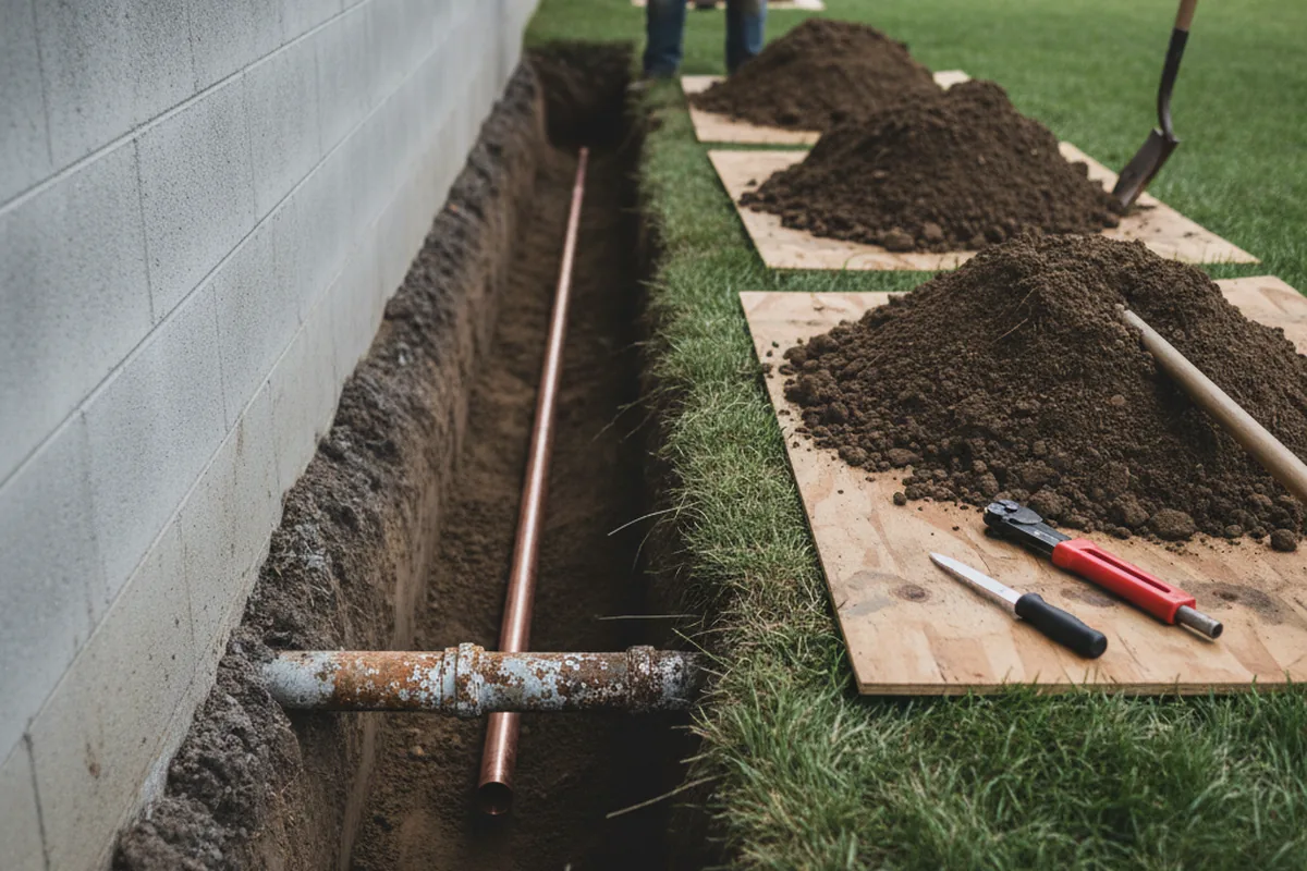 Excavated water line trench during Water Softener Installation in Remsenburg